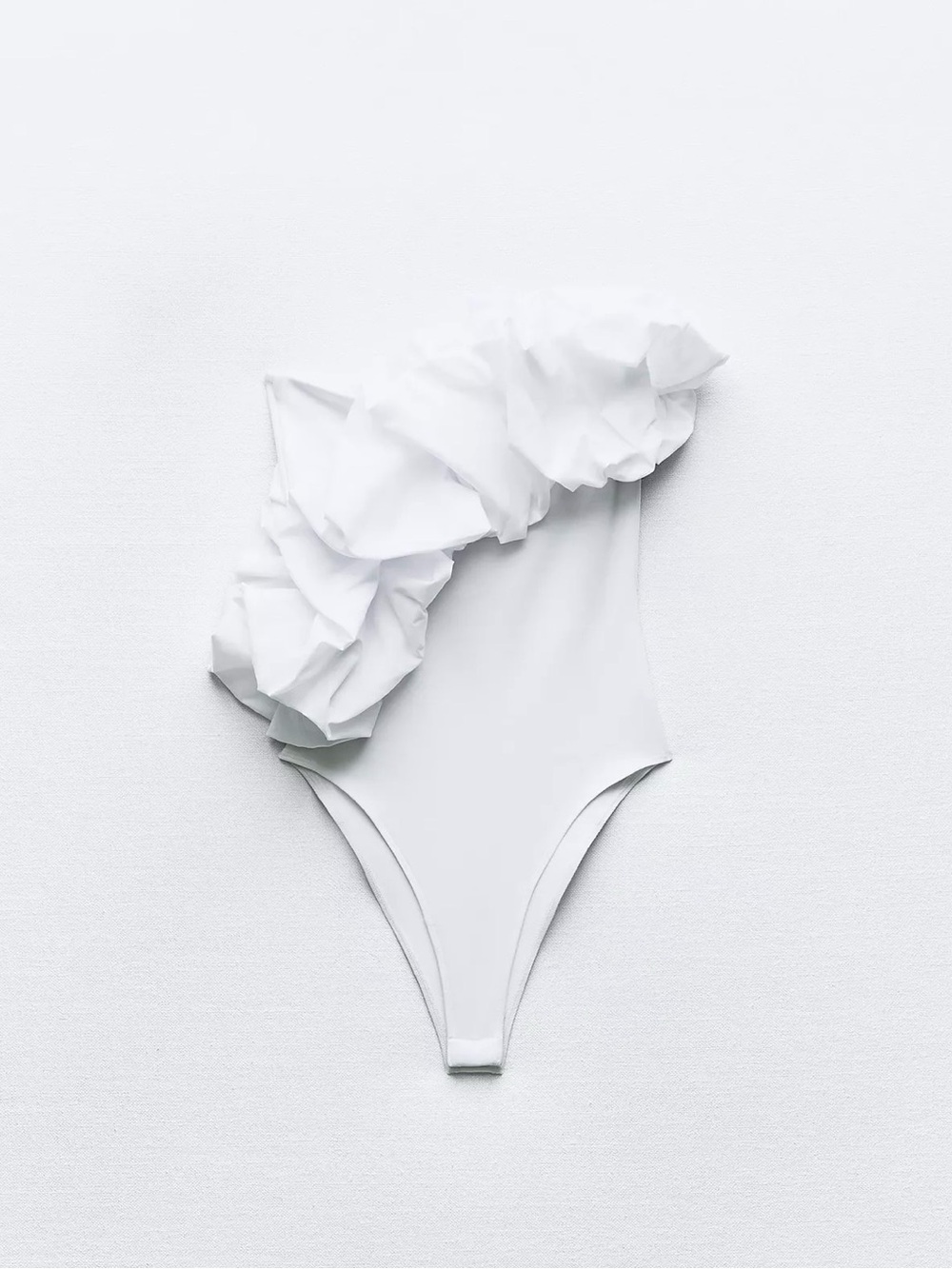 Zara Asymmetric Combination Ruffled Bodysuit -White